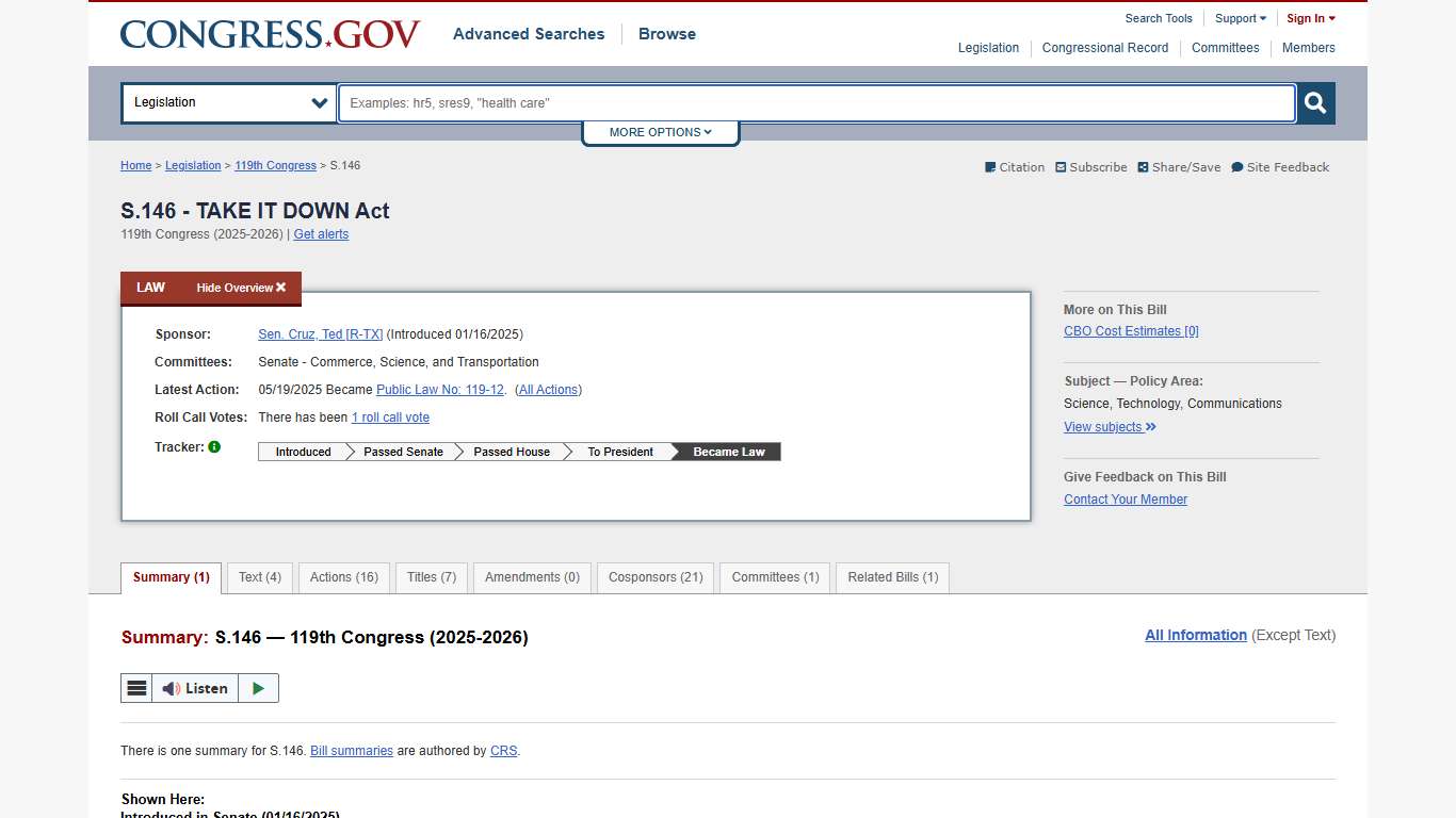 S.146 - 119th Congress (2025-2026): TAKE IT DOWN Act | Congress.gov | Library of Congress